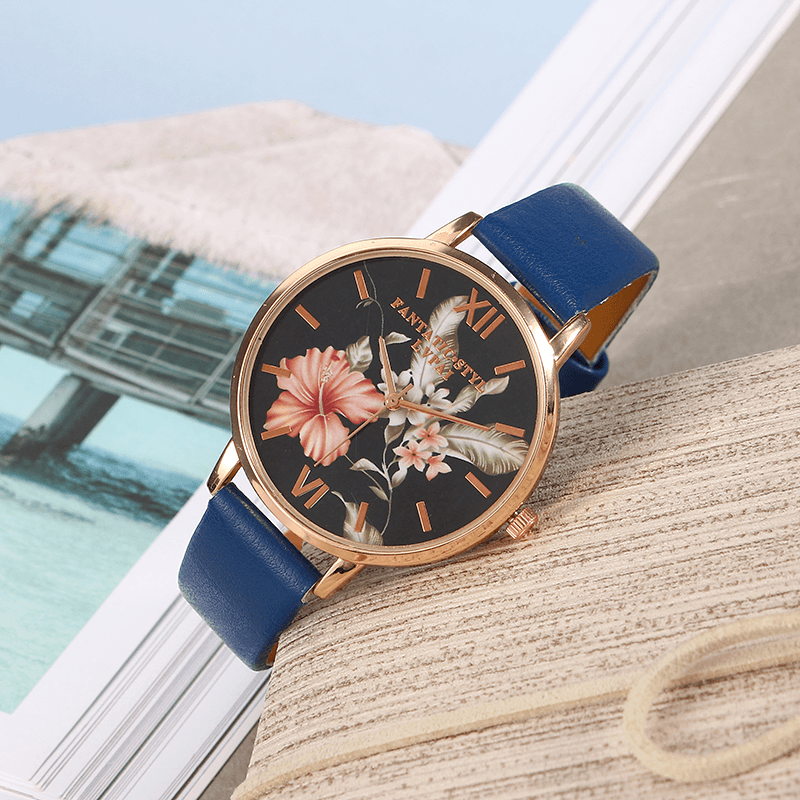 LVPAI Fashion Flower Pattern PU Leather Strap Womenwrist Watch Ladies Dress Quartz Watch - MRSLM