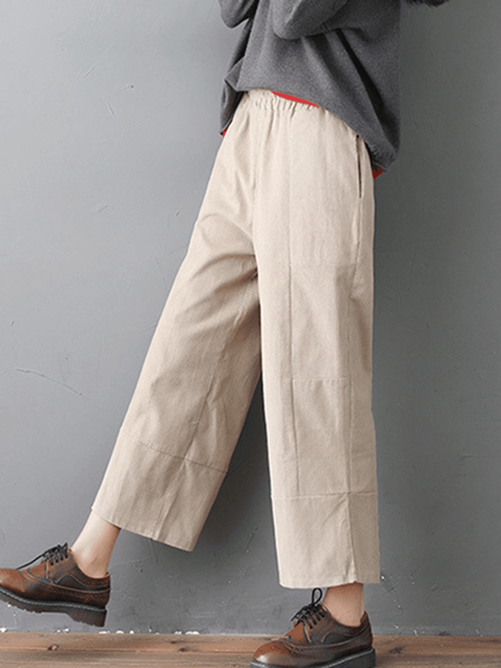 Women Pure Color Elastic Waist Pockets Corduroy Pants - MRSLM