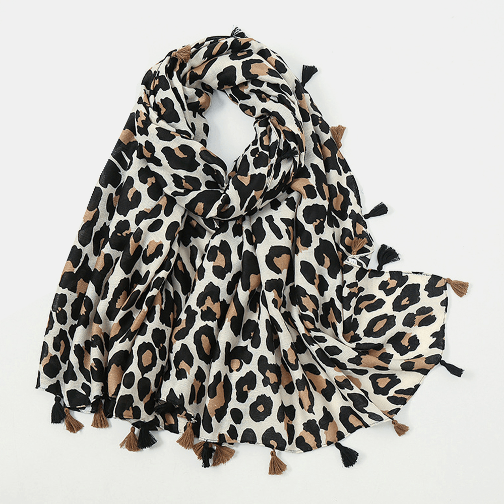 Women Cotton Leopard Warm Scarf Long Tassel Dual-Use Sunshade Shawl - MRSLM