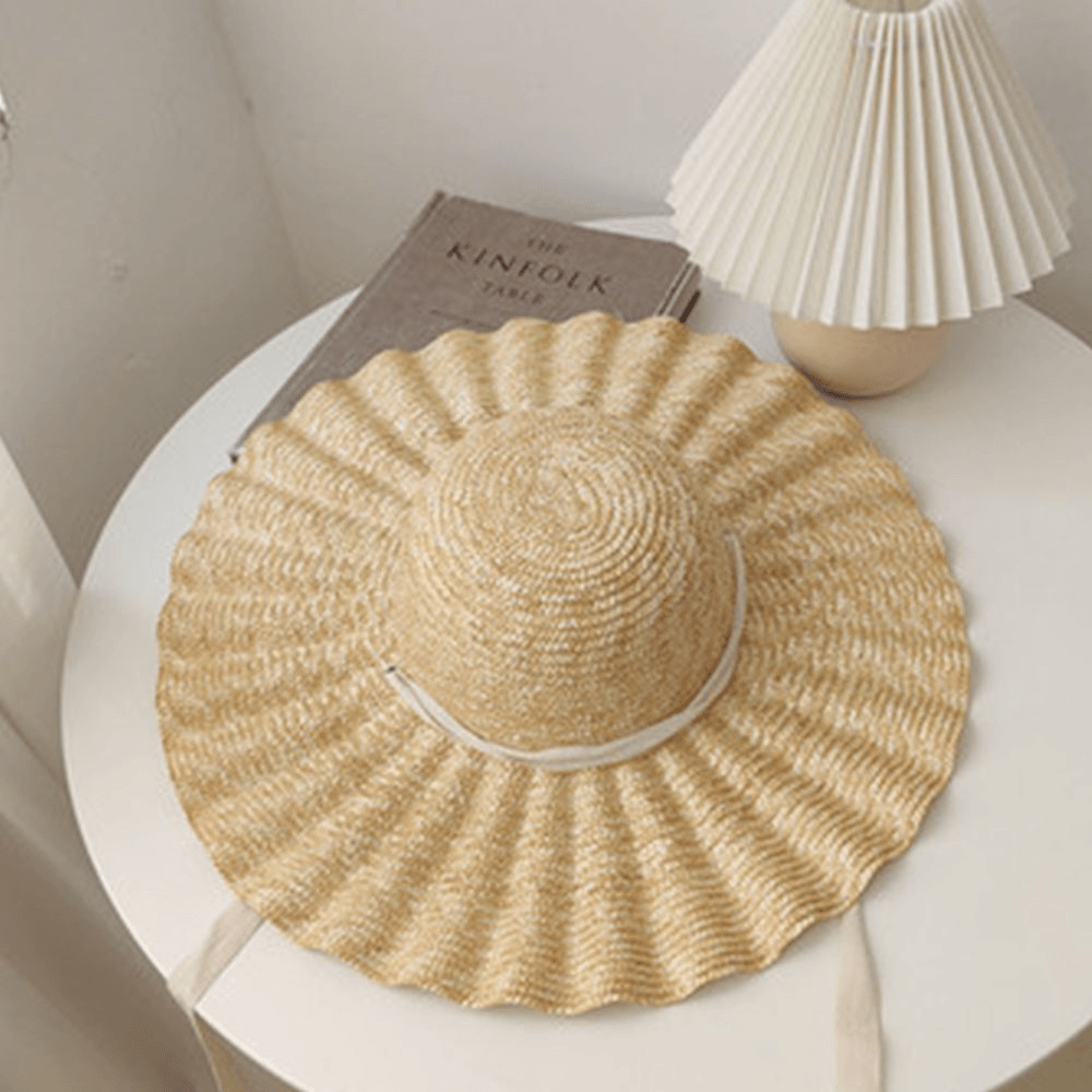 Women Wild Brim Visor Wave Side Soft Lace Tie Sun Hat Casual Stylish round Top Shell Pattern Straw Hat - MRSLM