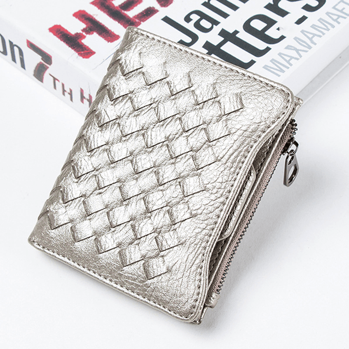 Women PU Leather Woven Pattern Short Wallet Credit Card Holder Coins Bag - MRSLM