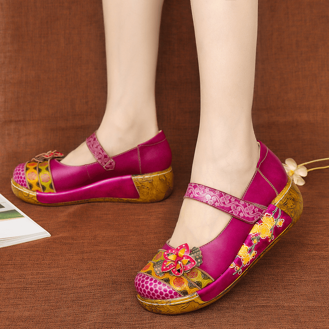 Women Genuine Leather Folkways Vintage Flowers Hook Loop Summer Platform Wedge Sandals - MRSLM