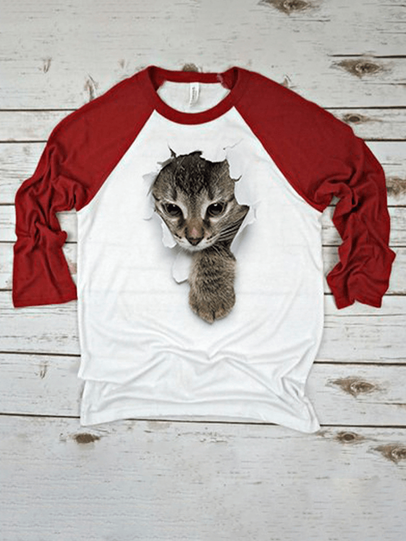 Women 3D Cat Chest Print Patchwork Raglan Sleeve round Neck Causal T-Shirt - MRSLM