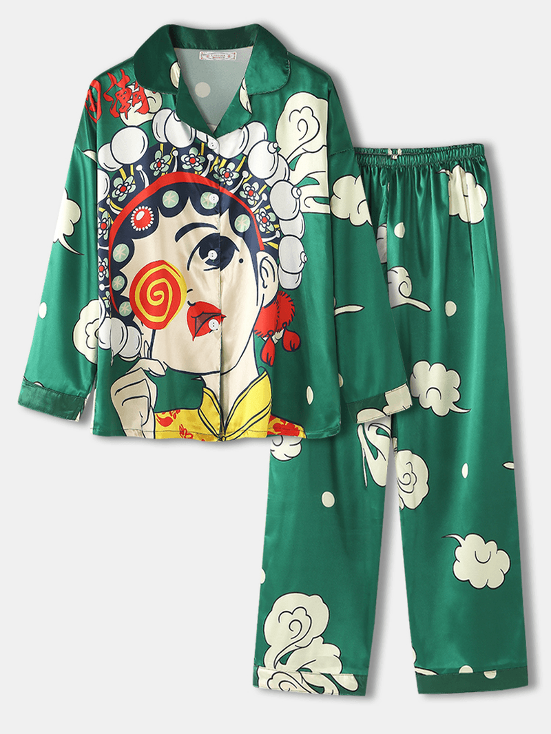 Women Chinese Style Cartoon Print Camp Collar Button up Long Sleeve Loose Pants Home Pajama Set - MRSLM