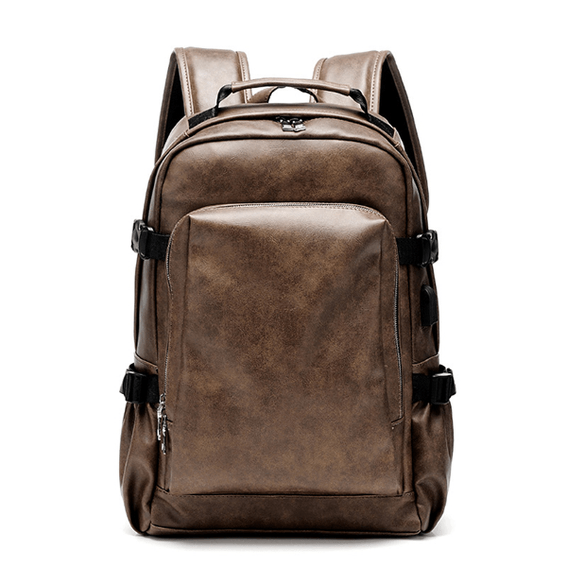 Men Business PU Leather Solid Backpack Casual Computer Bag - MRSLM