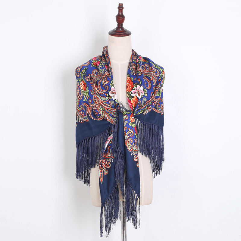 Warm Shawl National Wind Print Tassel Square Towel Travel Female Scarf - MRSLM