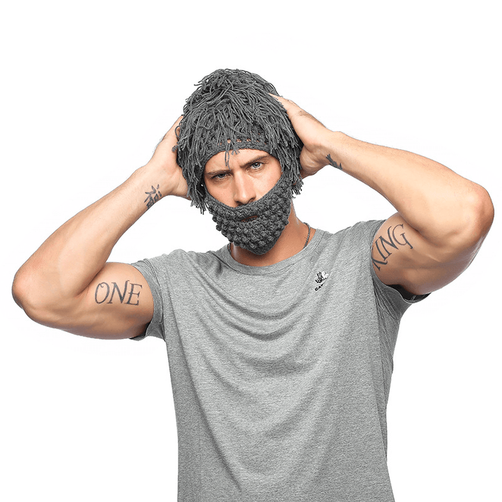 Foreign Trade Creative Straw Hat Men'S Knitted Hat Autumn and Winter Hand Hook Removable Woolen Beard Funny Wig Hat - MRSLM