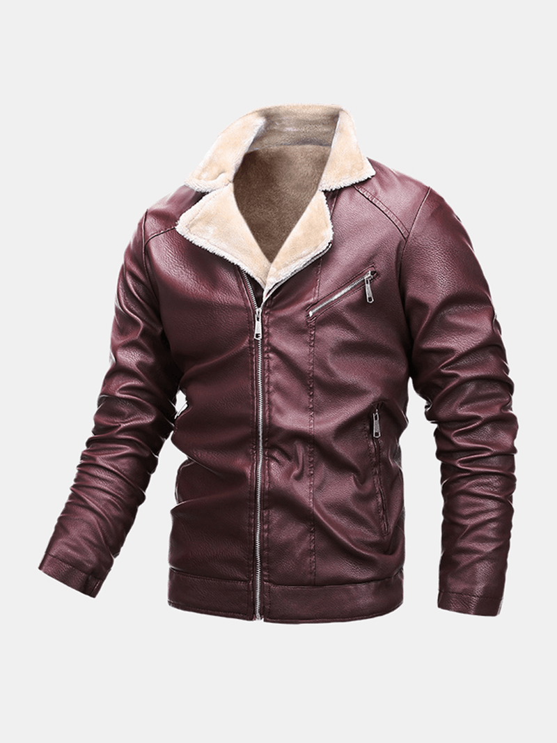 Mens Windproof Multi Pocket Warm PU Leather Biker Jacket - MRSLM