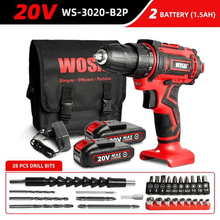 WOSAI 20V Cordless Drill Electric Screwdriver 3/8 Inch Mini Wireless Power Driver DC Lithium-Ion Battery - MRSLM