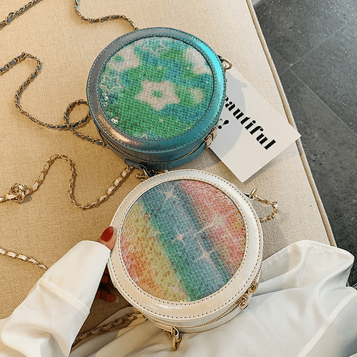 Multicolor Sequin Fashion Vertical Contrast Color round Small Shoulder Bag Cross Body Bag for Female - MRSLM