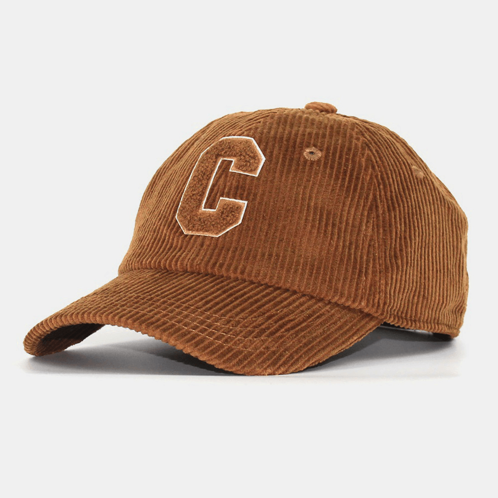 Unisex Corduroy Big C Letter Pattern Embroidery Baseball Cap Autumn Winter Soft Top Curved Brim Stripe Sunshade Hat - MRSLM