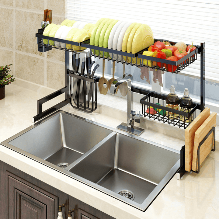 2 Layers Stainless Steel over Sink Dish Drying Rack Storage Multifunctional Arrangement for Kitchen Counter - MRSLM