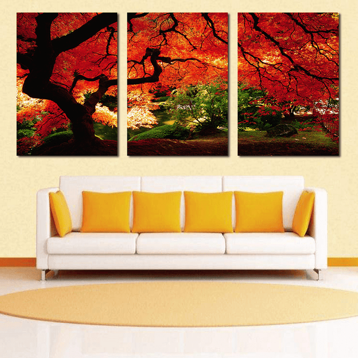 Miico Hand Painted Three Combination Decorative Paintings Maple Tree Wall Art for Home Decoration - MRSLM