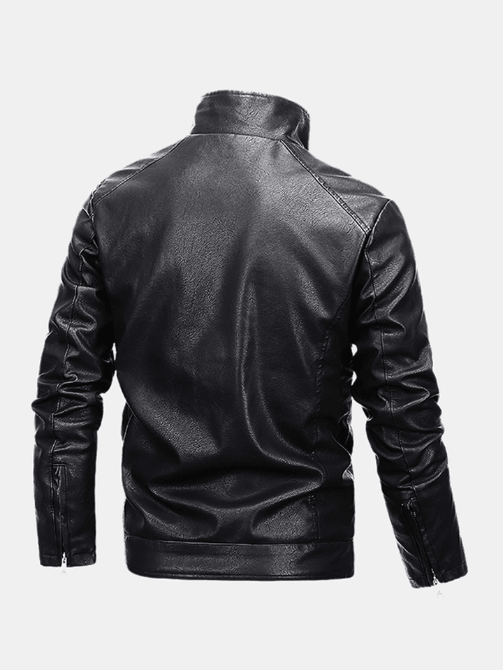 Mens Windproof Multi Pocket Warm PU Leather Biker Jacket - MRSLM