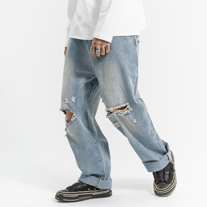 Ripped Casual All-Match Jeans Men'S Straight Wash Water Loose Mopping Daddy Pants - MRSLM