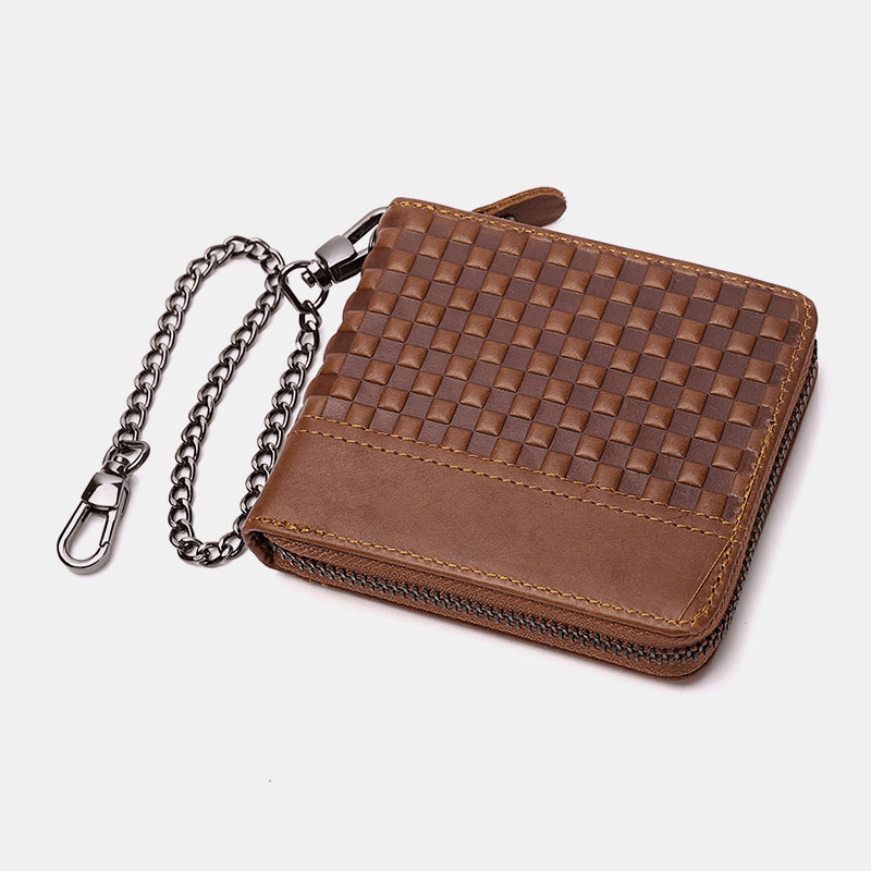 Men Genuine Leather Chain RFID Blocking Anti-Theft Zipper Multi-Slot Card Holder Wallet - MRSLM