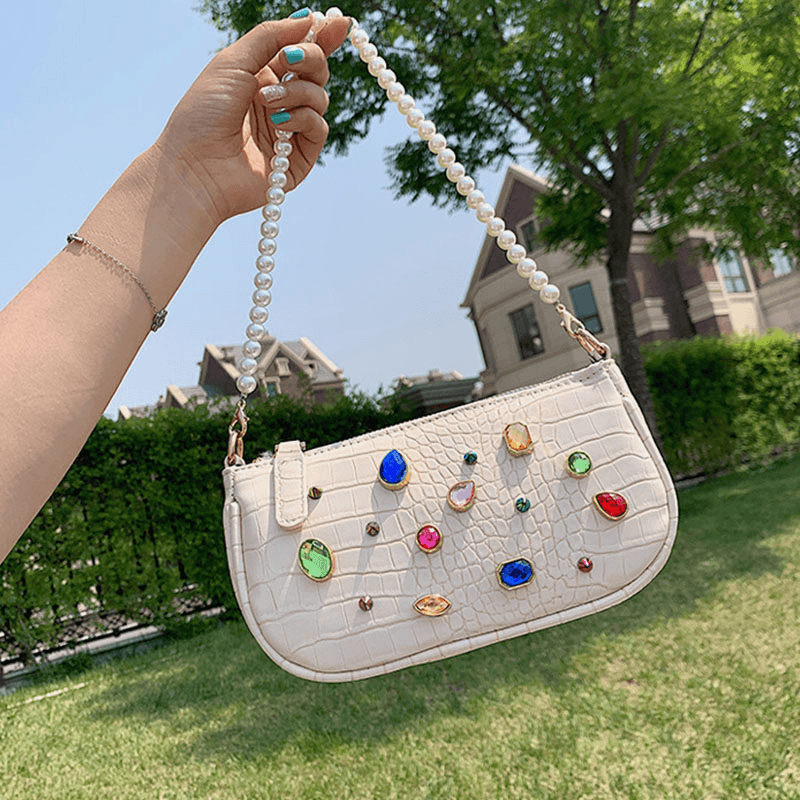 Women Crocodile Pattern Gem Shoulder Bag Crossbody Bag - MRSLM