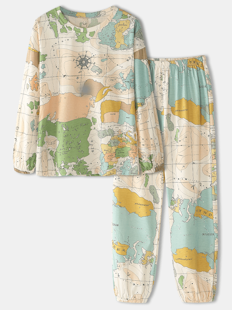 Women World Map Print round Neck Elastic Waist Jogger Pants Home Pajamas Set - MRSLM