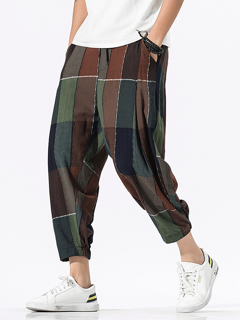 Mens 100% Cotton Plaid Drawstring Elastic Leg Casual Pants with Pocket - MRSLM