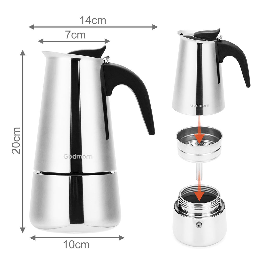 Godmorn Stovetop Espresso Maker Moka Pot Percolator Italian Coffee Maker 300Ml/10Oz/6 Cup Classic Cafe Maker 430 Stainless Steel Suitable for Induction Cookers - MRSLM