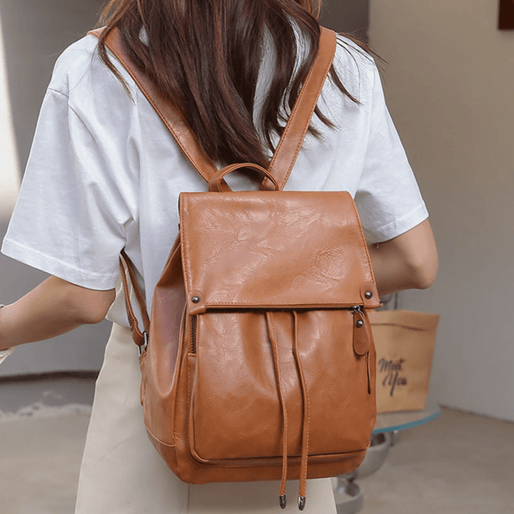 Women PU Leather Multi-Pockets Inner Magnetic Button Backpack Vintage Simple Drawstring Hasp Laptop Bag - MRSLM