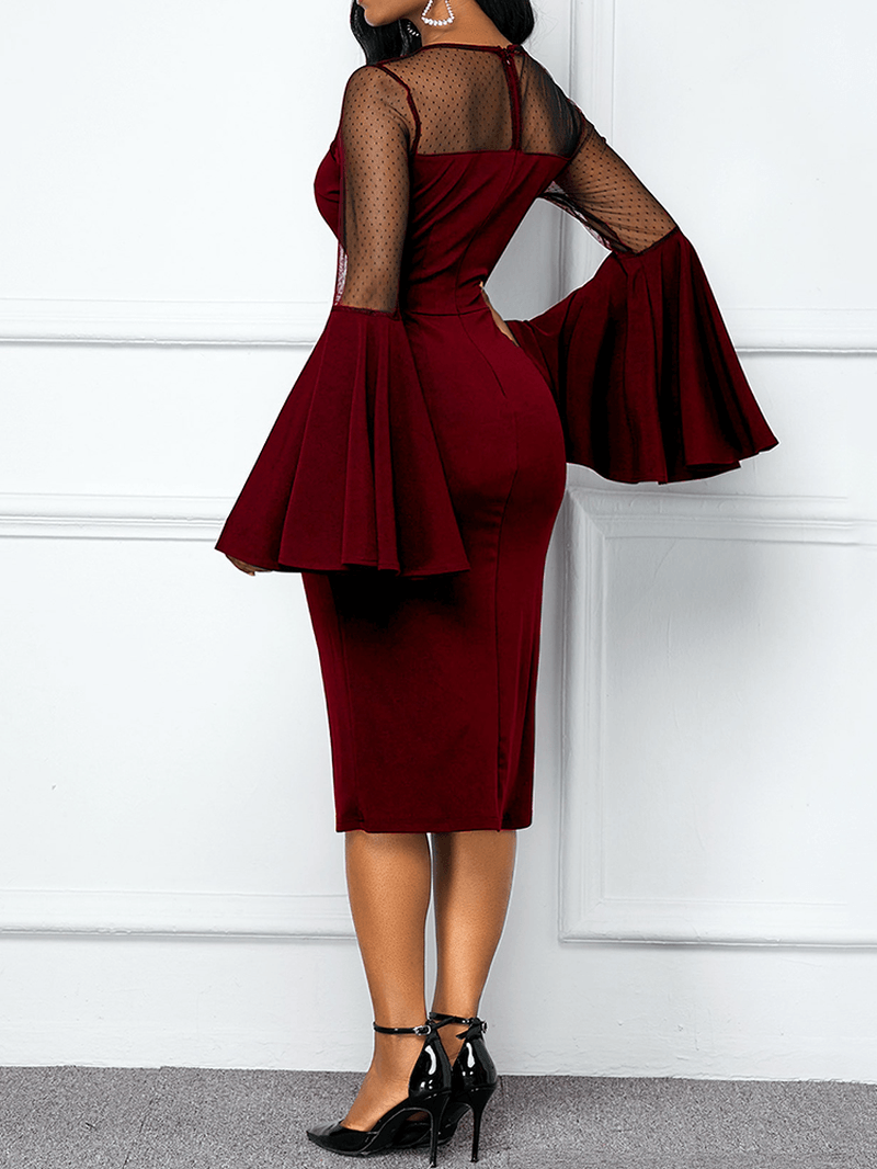 Women Solid Color Stitching Bell Sleeve Party Bodycon Midi Dress - MRSLM