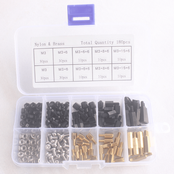 Suleve M3BN6 180Pcs M3 Nut Screw Standoff Set Nylon Stainless Steel Brass Hex Standoff Nut Screw Set Assortment Kit with Storage Box - MRSLM