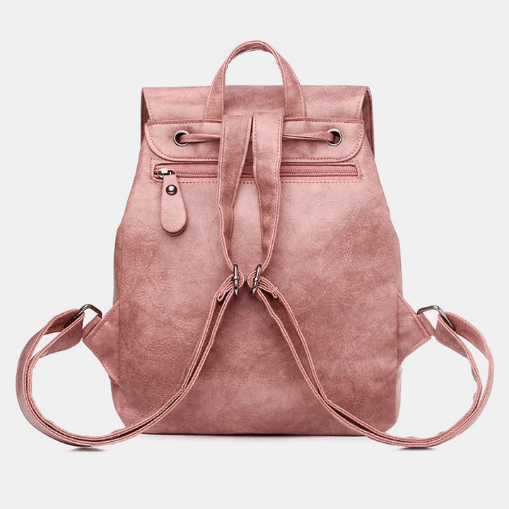 Women PU Leather Multi-Pockets Inner Magnetic Button Backpack Vintage Simple Drawstring Hasp Laptop Bag - MRSLM