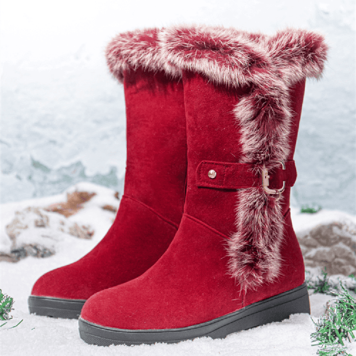 Plus Size Women Winter Plush Lining Buckle Decor Increased Heel Snow Boots - MRSLM