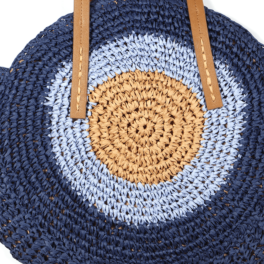 Women Beach round Straw Bag Bucket Rattan Woven Handbag Shoulder Bag Outdoor Travel - MRSLM