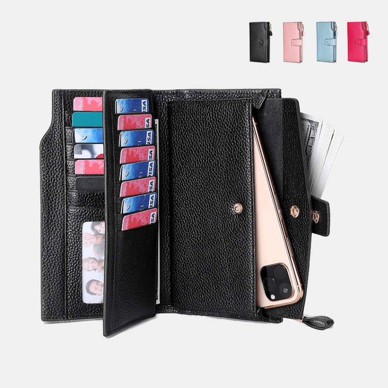 Unisex Genuine Leather RFID Anti-Theft Lychee Pattern 5.8 Inch Phone Bag Clutch Purse Multi-Slot Card Holder Wallet - MRSLM