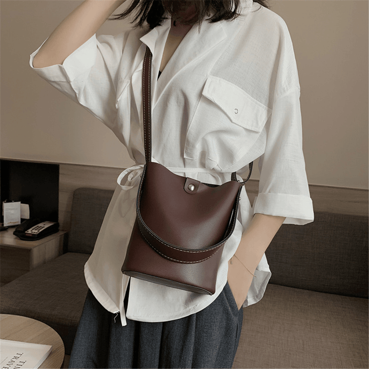 3.8L Women PU Leather Bucket Bag Portable Handbag Leisure Shoulder Bag Outdoor Travel - MRSLM