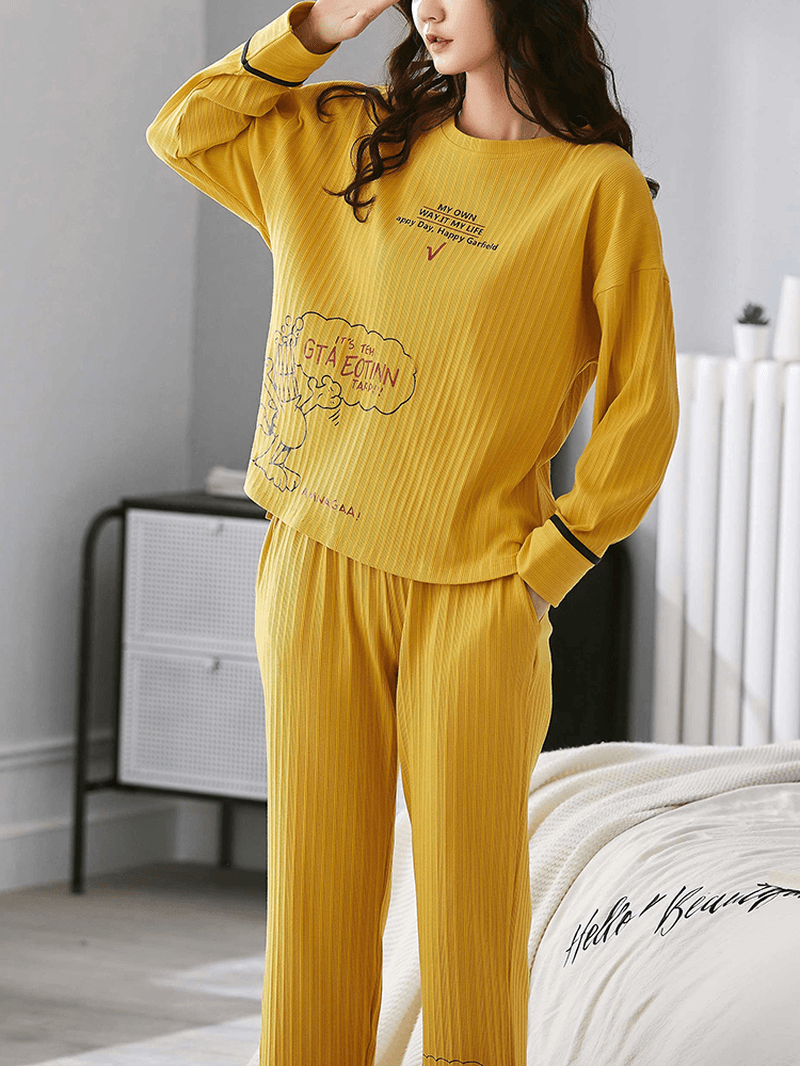 Women Ribbed Letter Print Cartoon Graffiti Pullover Elastic Waist Pocket Home Casual Yellow Pajama Set - MRSLM