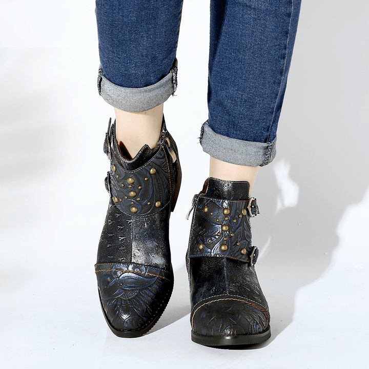 Women Splicing Rivet Buckle Handsome Ankle Boots - MRSLM