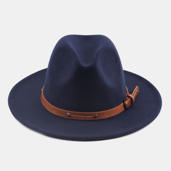 Unisex British Style Leather Belt Buckle Flat Brim Top Hat Fashion Outdoor Wide Brim Felt Hat - MRSLM