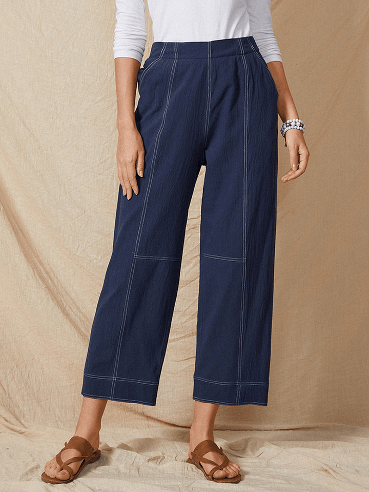 Solid Color Elastic Waist Casual Cotton Straight Leg Loose Women Pants - MRSLM