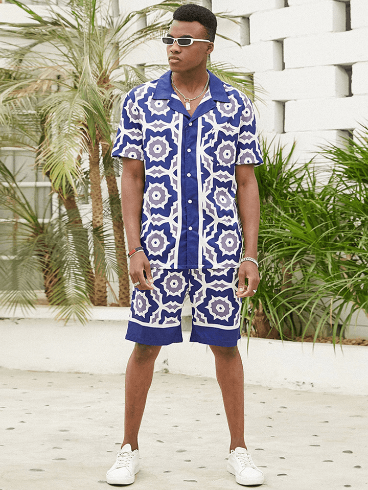 Mens Blue Baroque Print Revere Collar Short Sleeve Shirt & Shorts Co-Ords Two Piece Outfits - MRSLM