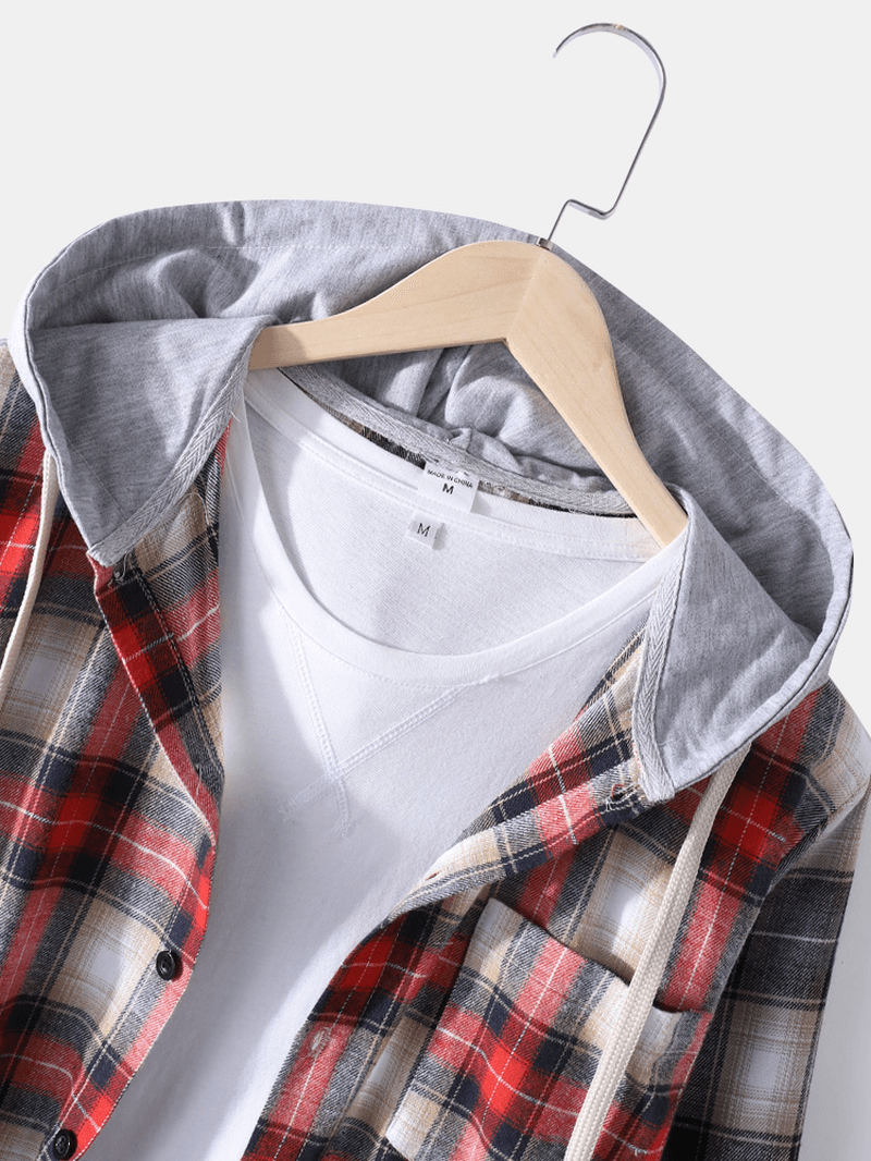 Mens Tartan Patchwork Casual Long Sleeve Drawstring Hooded Shirts with Pocket - MRSLM