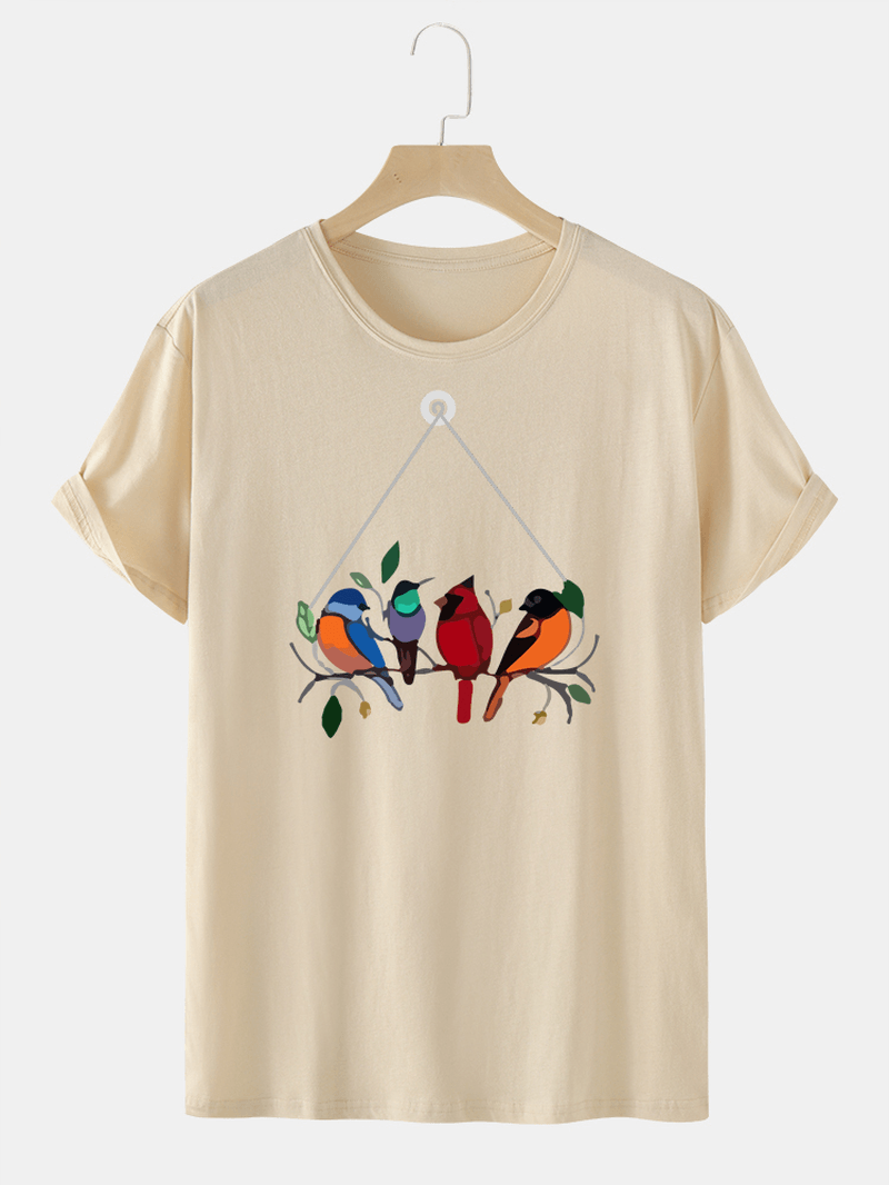 Mens 100% Cotton Colorful Bird Print round Neck T-Shirt - MRSLM