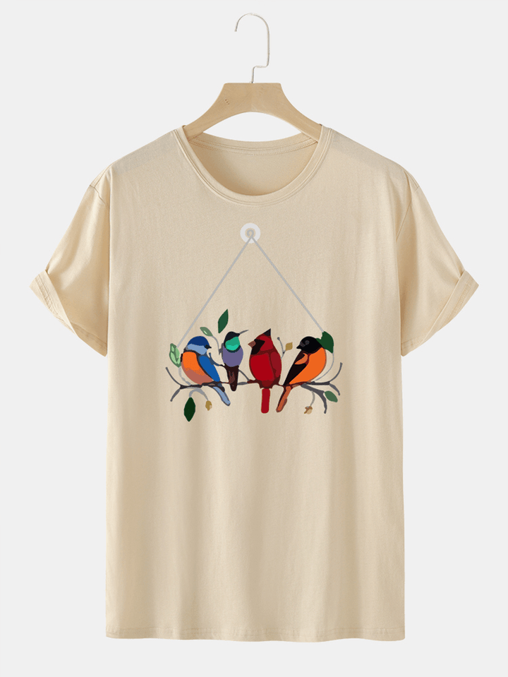 Mens 100% Cotton Colorful Bird Print round Neck T-Shirt - MRSLM