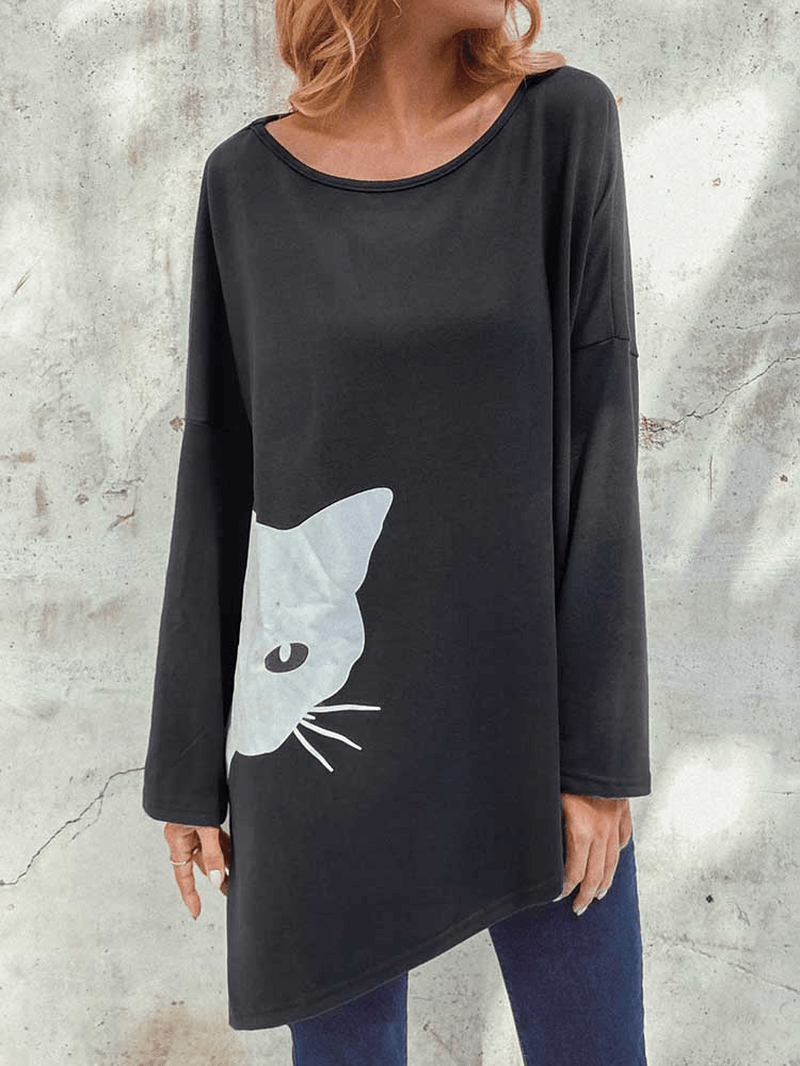 Irregular Cartoon Cat Print Long Sleeve Splited Blouse - MRSLM