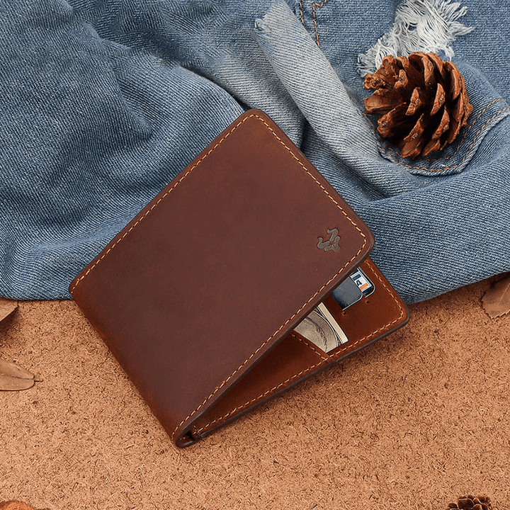 Men Genuine Leather RFID Anti-Theft Foldable Retro Business Ultra-Thin Card Holder Wallet - MRSLM