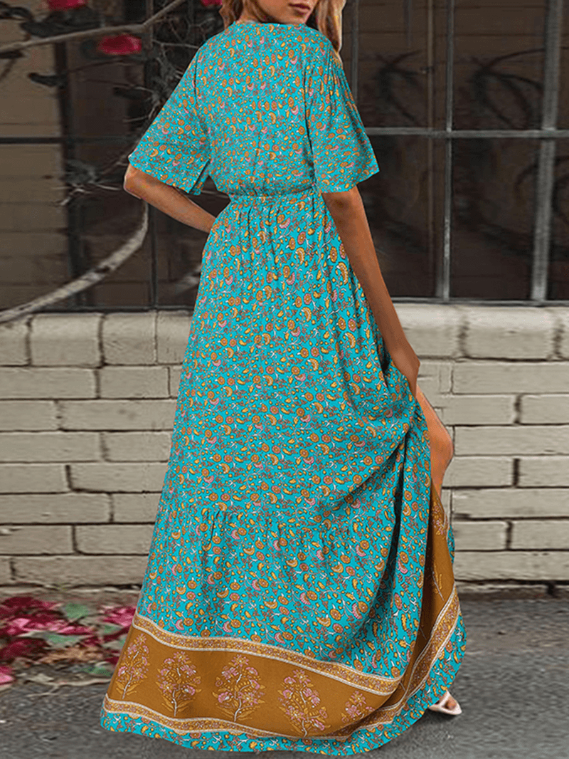 Retro Floral Print V-Neck Short Sleeve Elastic Waist Bohemian Holiday Maxi Dress - MRSLM
