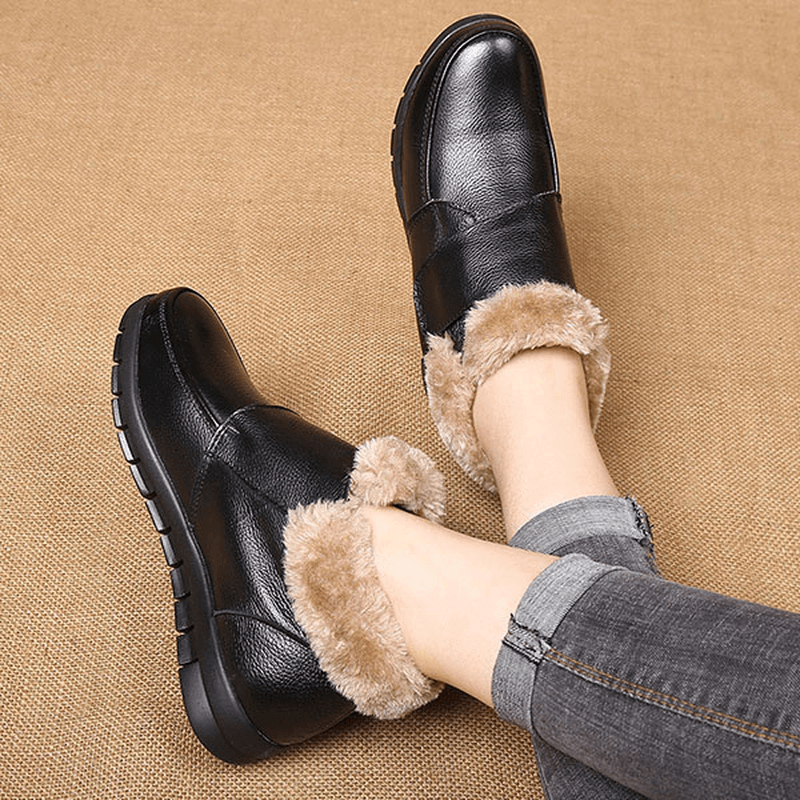 Genuine Leather Cotton Shoes Casual Slip on Fur Lining Boots - MRSLM