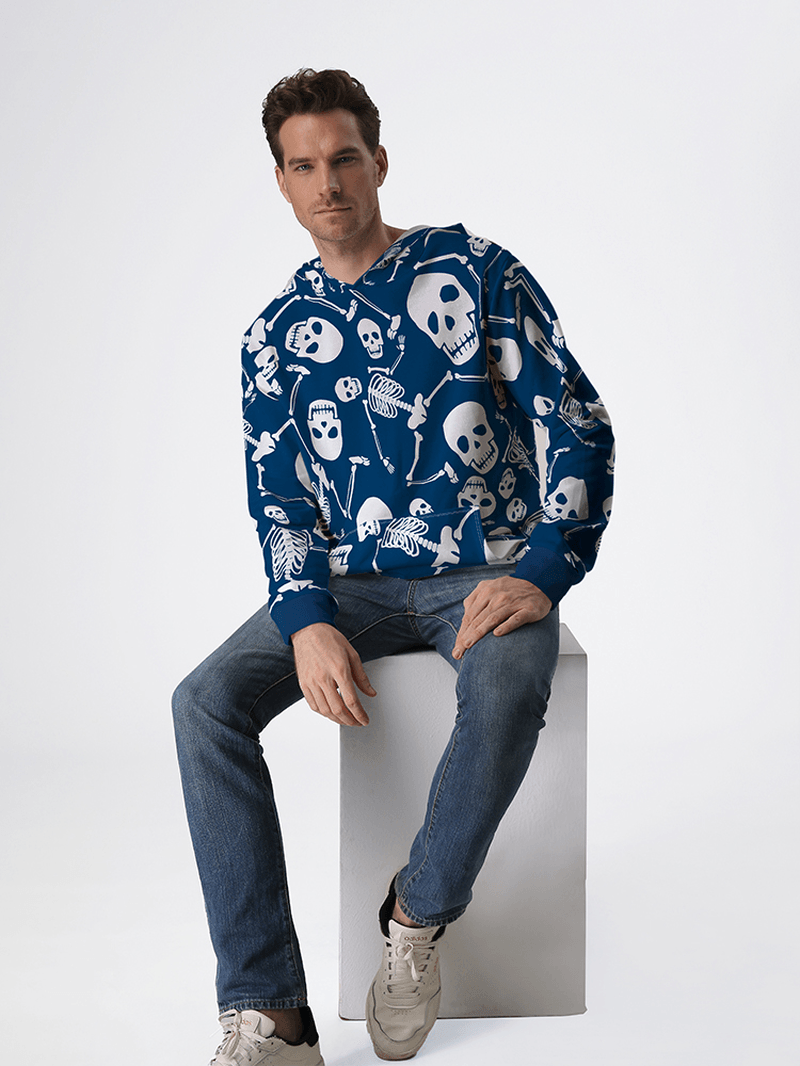 Mens Halloween Skull Head Kangaroo Pocket Blue Hoodies - MRSLM