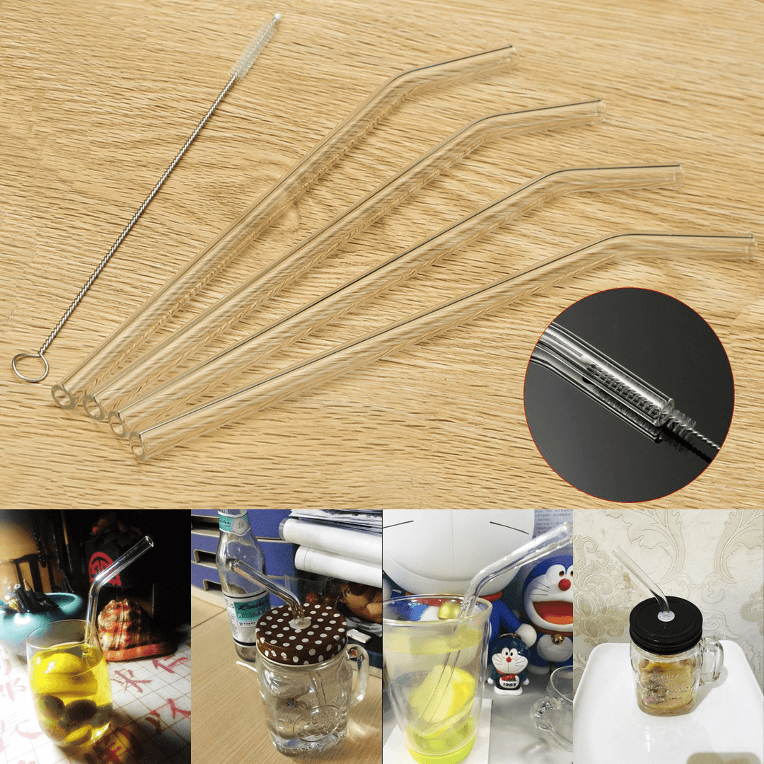 4Pcs 5Mm Reusable Clear Bent Glass Drinking Straws Water Juice Straws with Cleaning Brush - MRSLM