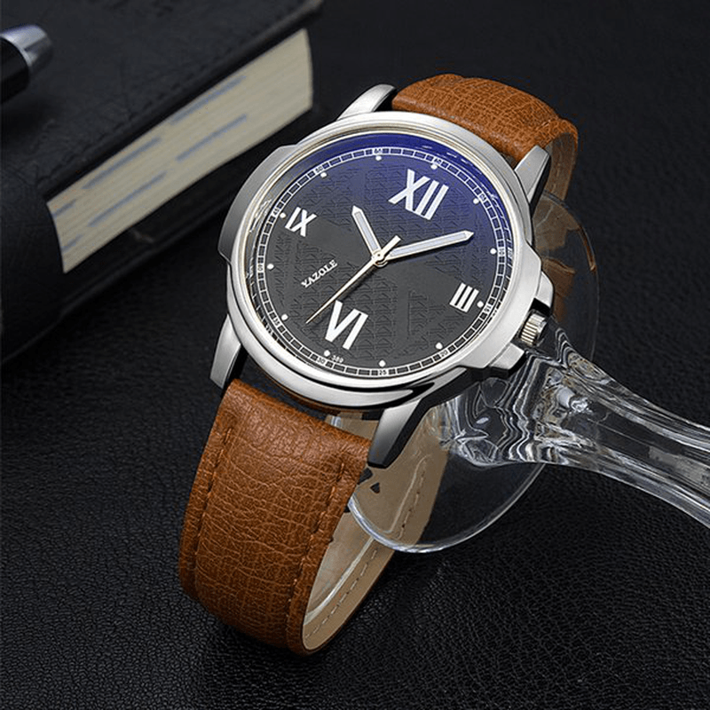 YAZOLE 389 Men Watch Luxury Roman Number Simple Dial Leather Strap Quartz Wrist Watch - MRSLM