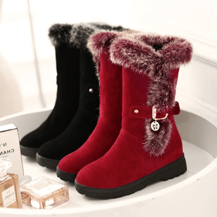 Plus Size Women Winter Plush Lining Buckle Decor Increased Heel Snow Boots - MRSLM