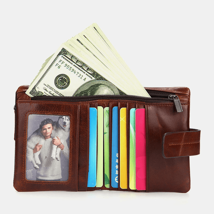 Men Genuine Leather Retro Zipper Cowhide Multi-Slot Card Holder Wallet - MRSLM