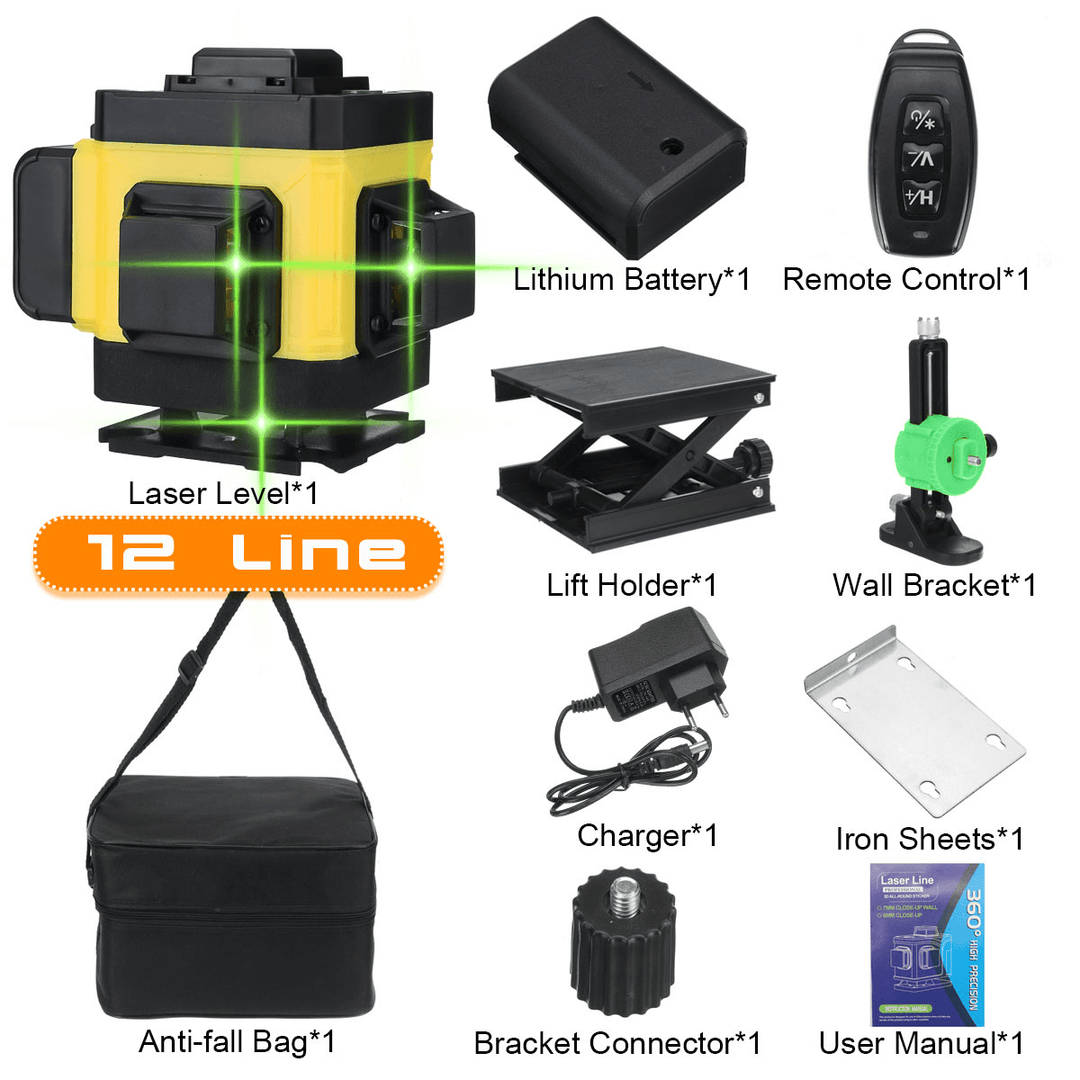 16/12/8 Line 360° 4D Horizontal Vertical Cross Green Light Laser Level Self-Leveling Measure Super Powerful Laser Beam - MRSLM